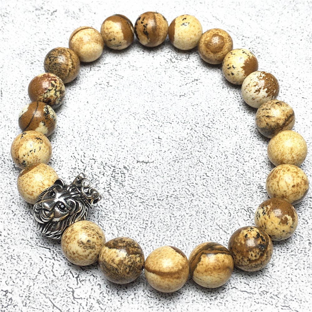 Natural Picture Jasper Gemstone Bracelet Beaded Adjustable Bracelet Lion King Design