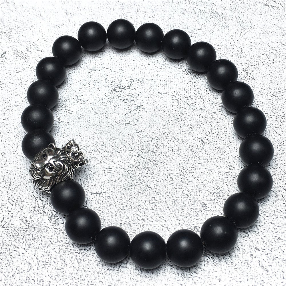 Natural Matte Onyx Gemstone Bracelet Beaded Adjustable Bracelet Lion King Design