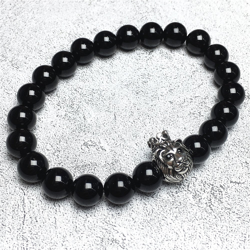 Natural Black Onyx Gemstone Bracelet Beaded Adjustable Bracelet Lion King Design
