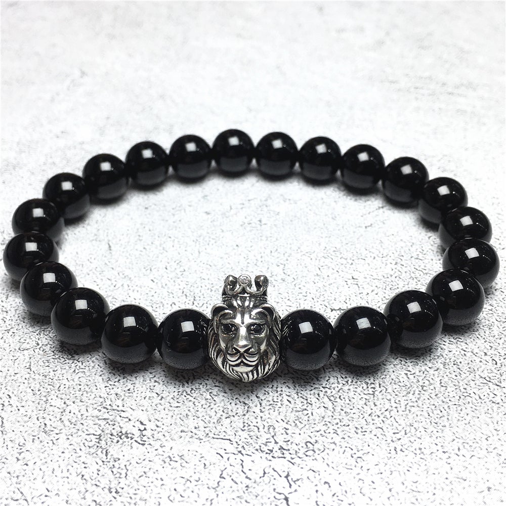 Natural Black Onyx Gemstone Bracelet Beaded Adjustable Bracelet Lion King Design