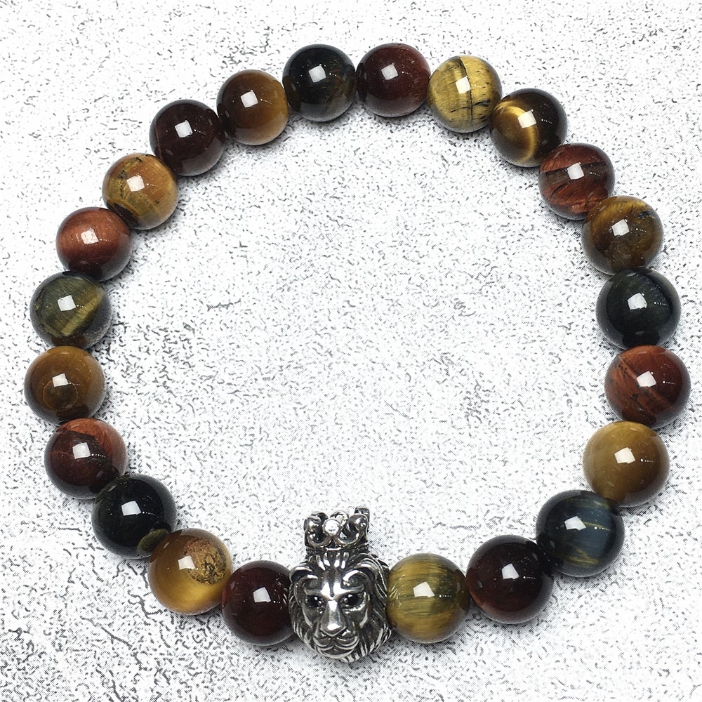 Natural Colorful Tiger Eyes Gemstone Bracelet Beaded Adjustable Bracelet Lion King Design