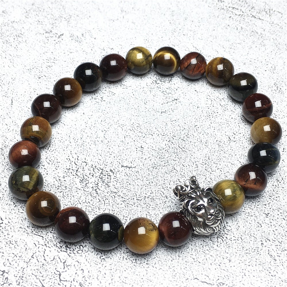 Natural Colorful Tiger Eyes Gemstone Bracelet Beaded Adjustable Bracelet Lion King Design