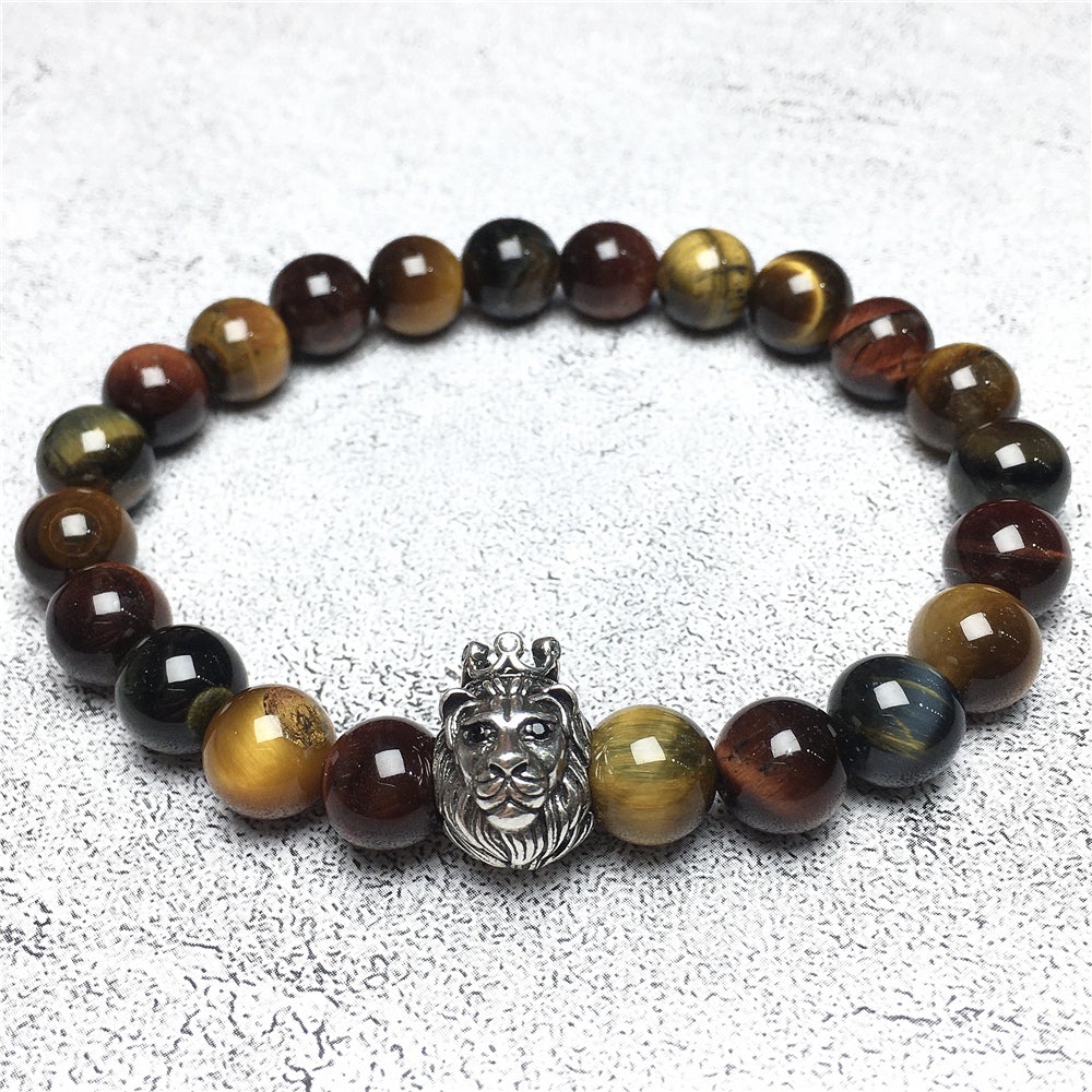 Natural Colorful Tiger Eyes Gemstone Bracelet Beaded Adjustable Bracelet Lion King Design