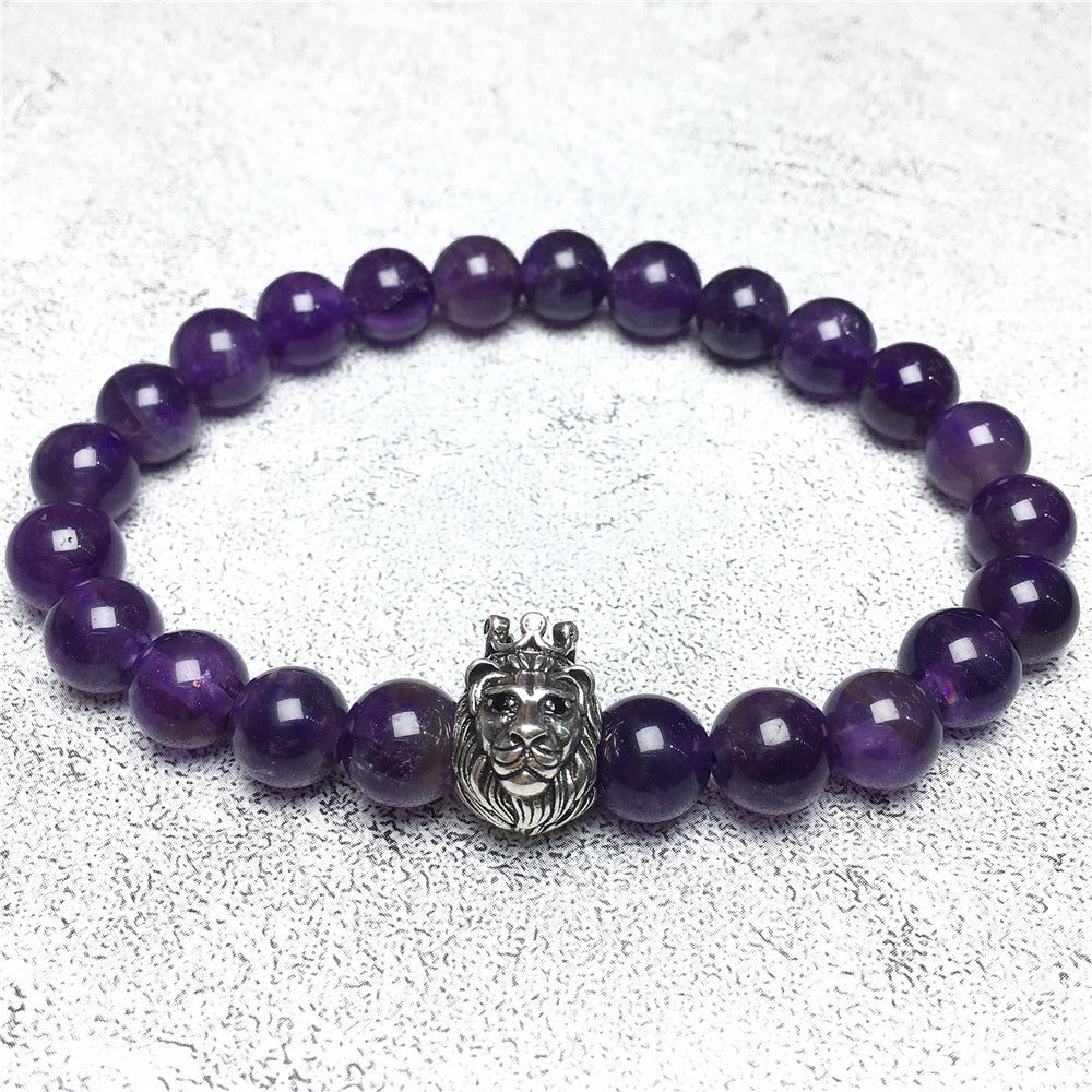 Amethyst Gemstone Beaded Adjustable Bracelet Lion King Design