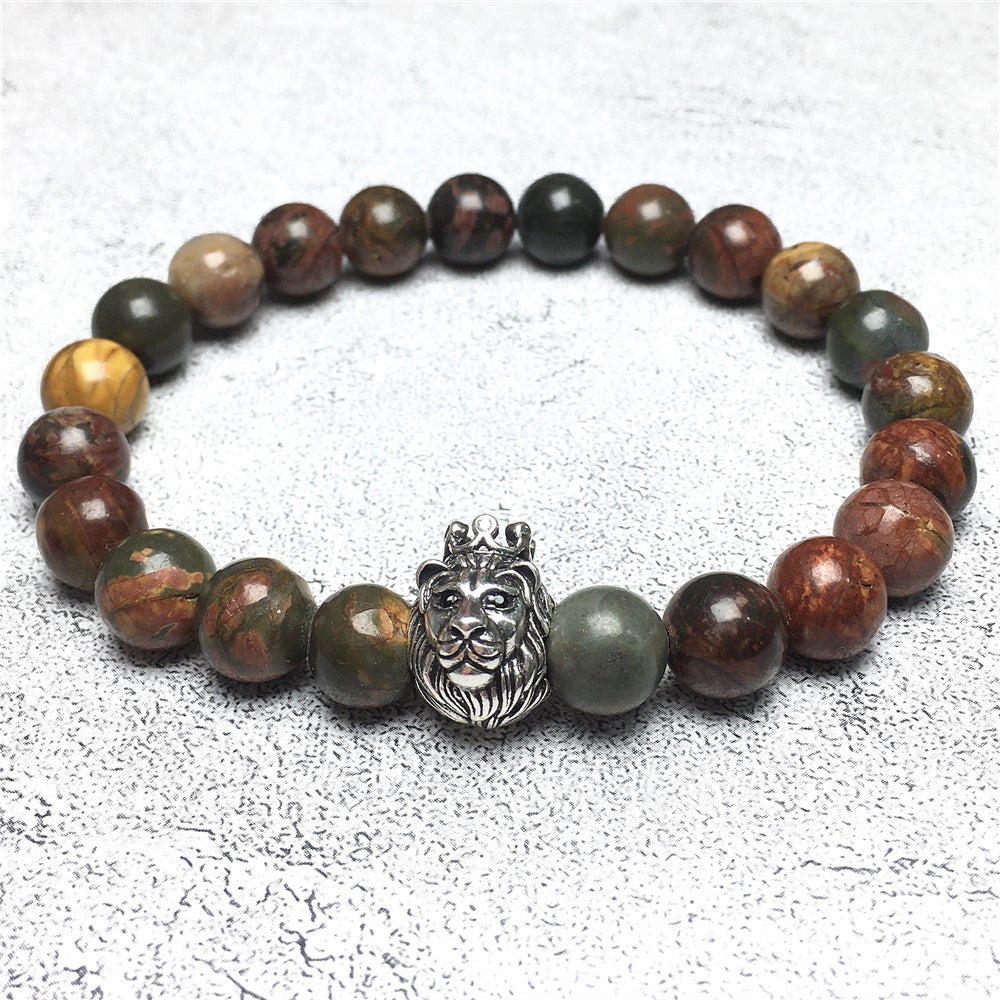Natural Picasso Jasper Gemstone Bracelet Beaded Adjustable Bracelet Lion King Design