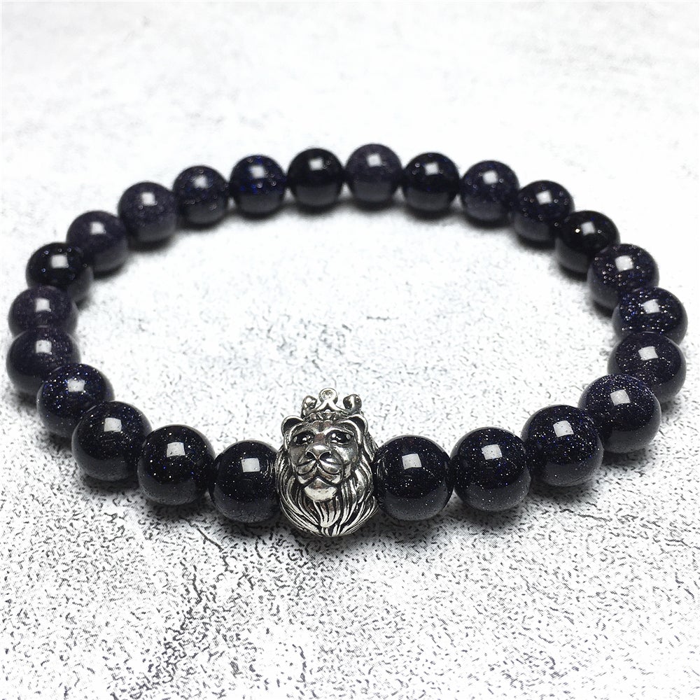 Natural Gemstone Blue Sandstone Beaded Adjustable Bracelet Lion King Design
