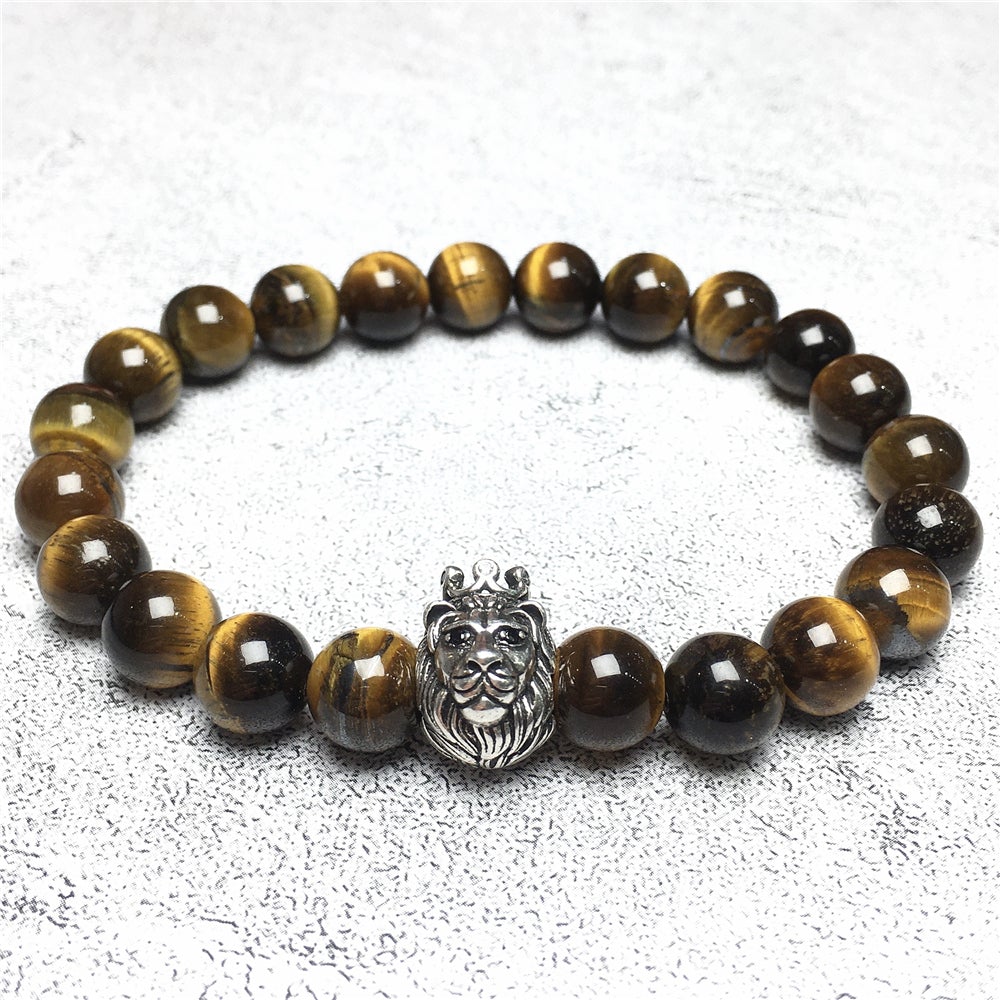 Lion King Design Tiger Eye Gemstone Beaded Adjustable Bracelet
