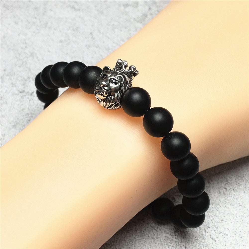 Natural Matte Onyx Gemstone Bracelet Beaded Adjustable Bracelet Lion King Design