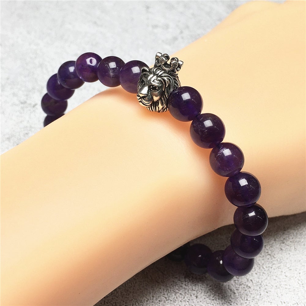 Amethyst Gemstone Beaded Adjustable Bracelet Lion King Design
