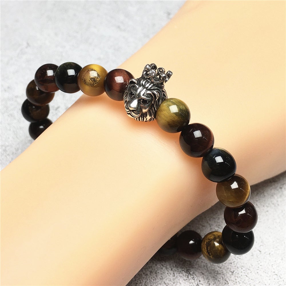 Natural Colorful Tiger Eyes Gemstone Bracelet Beaded Adjustable Bracelet Lion King Design