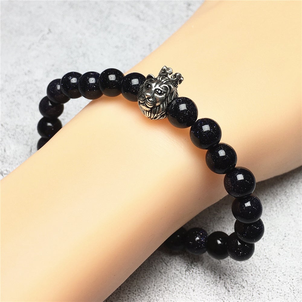 Natural Gemstone Blue Sandstone Beaded Adjustable Bracelet Lion King Design