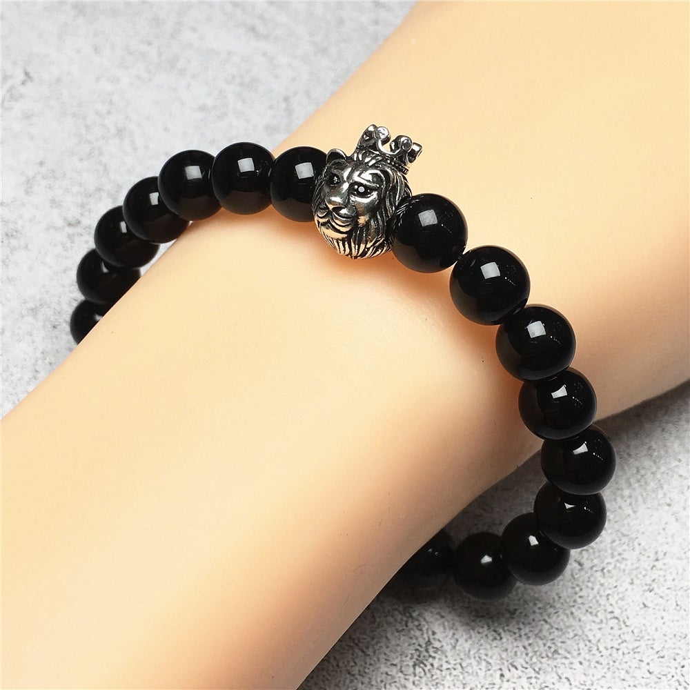 Natural Black Onyx Gemstone Bracelet Beaded Adjustable Bracelet Lion King Design