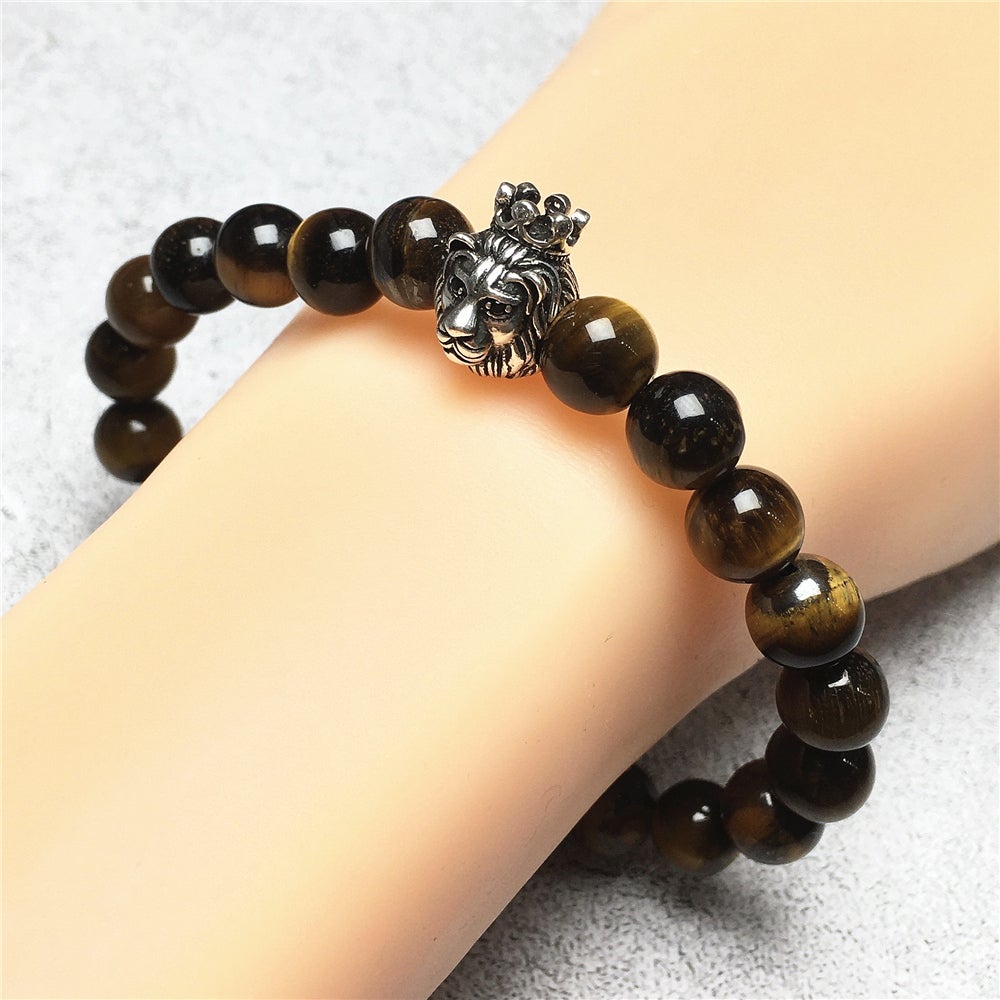Lion King Design Tiger Eye Gemstone Beaded Adjustable Bracelet
