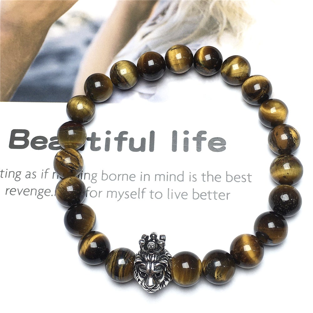 Lion King Design Tiger Eye Gemstone Beaded Adjustable Bracelet