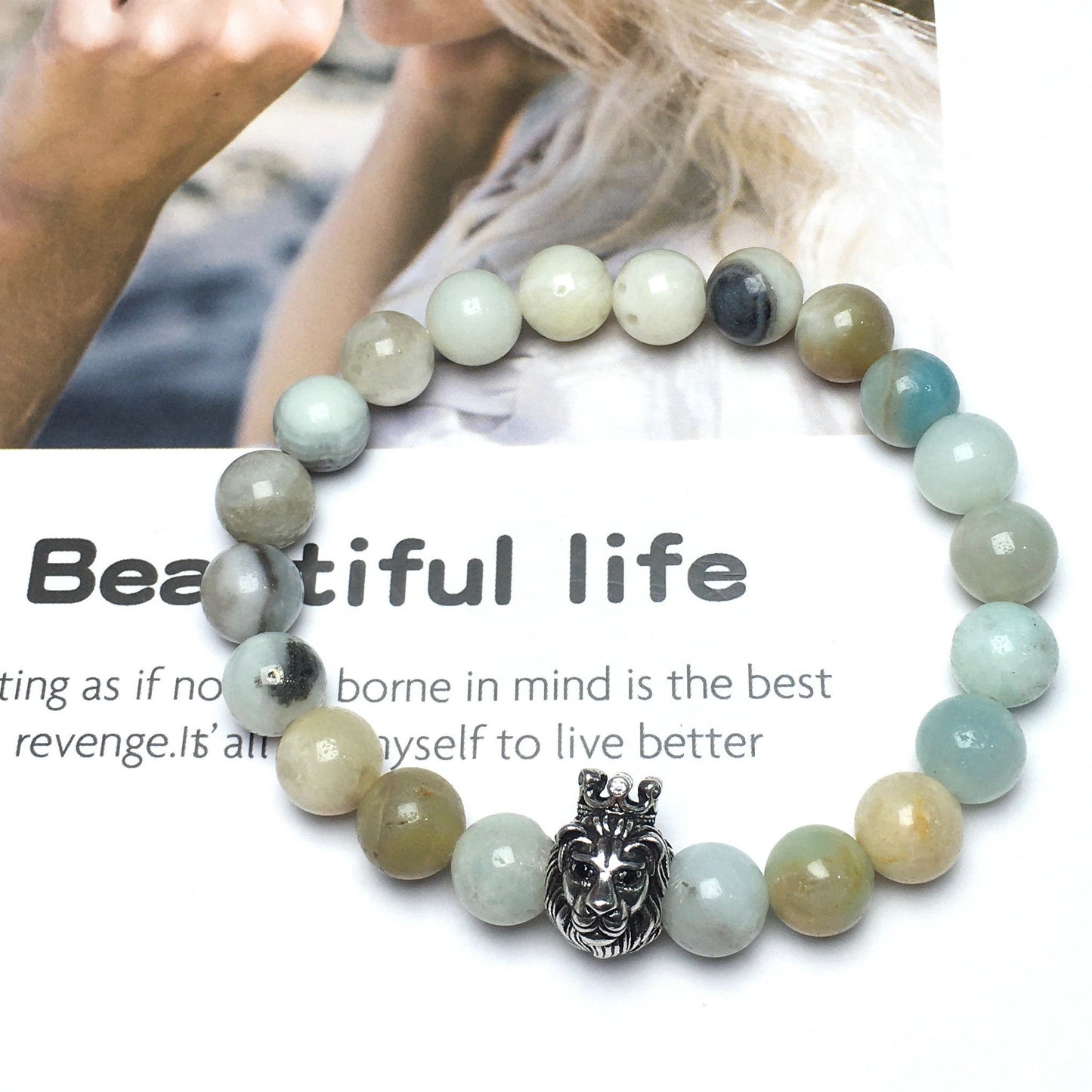 Natural Amazonite Gemstone Bracelet Beaded Adjustable Bracelet Lion King Design