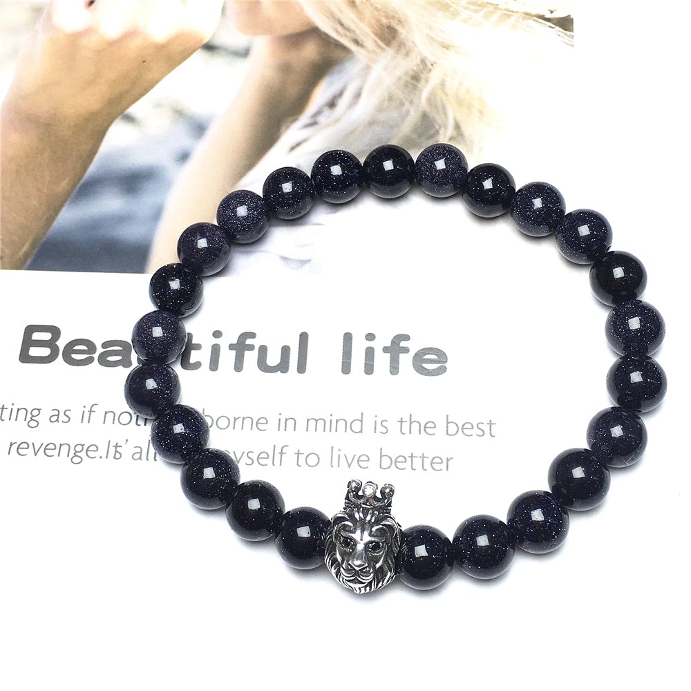 Natural Gemstone Blue Sandstone Beaded Adjustable Bracelet Lion King Design