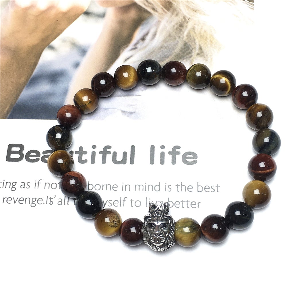 Natural Colorful Tiger Eyes Gemstone Bracelet Beaded Adjustable Bracelet Lion King Design
