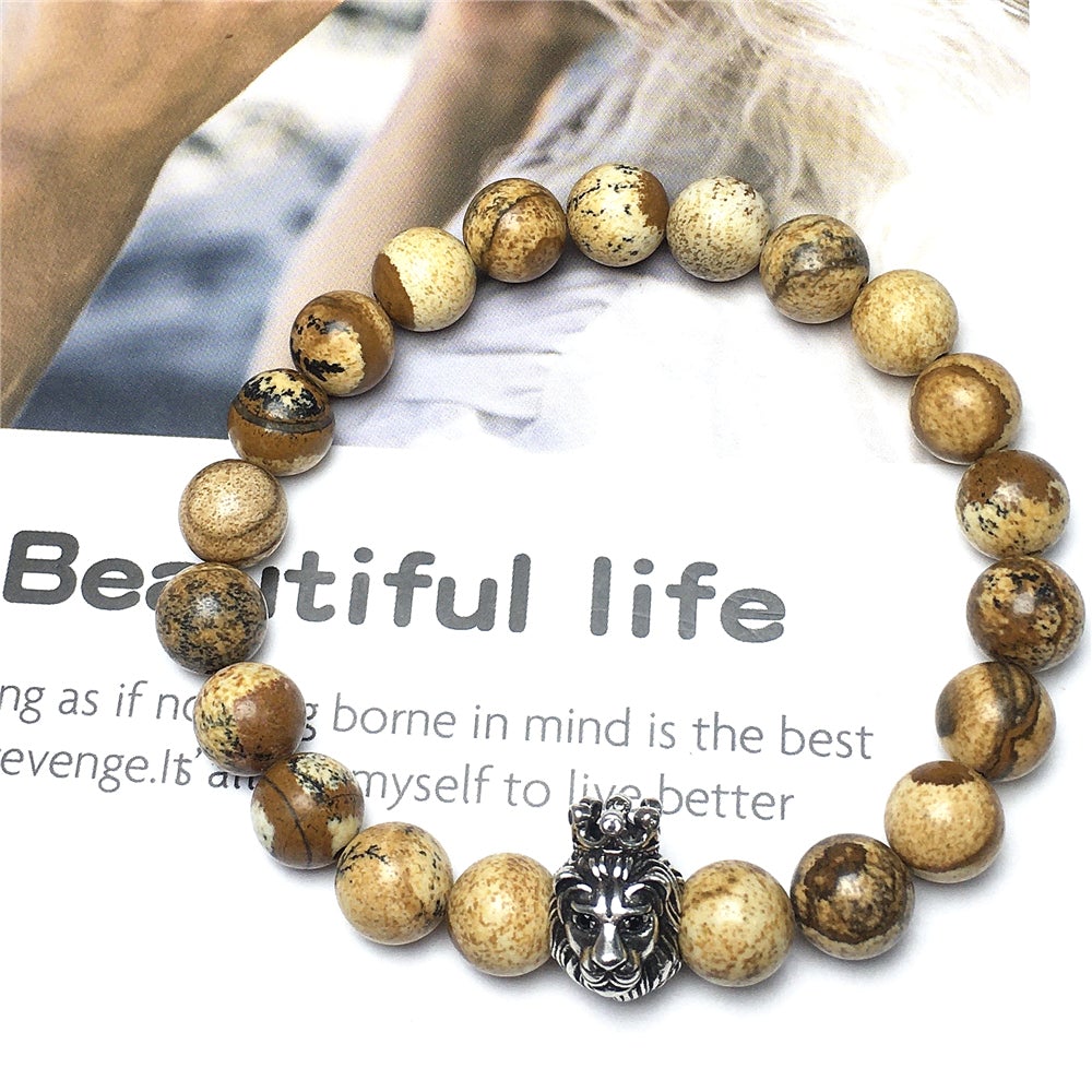 Natural Picture Jasper Gemstone Bracelet Beaded Adjustable Bracelet Lion King Design