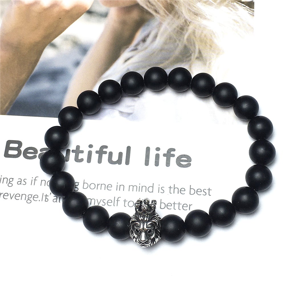 Natural Matte Onyx Gemstone Bracelet Beaded Adjustable Bracelet Lion King Design