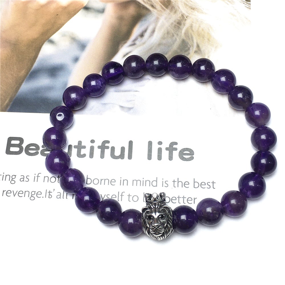 Amethyst Gemstone Beaded Adjustable Bracelet Lion King Design