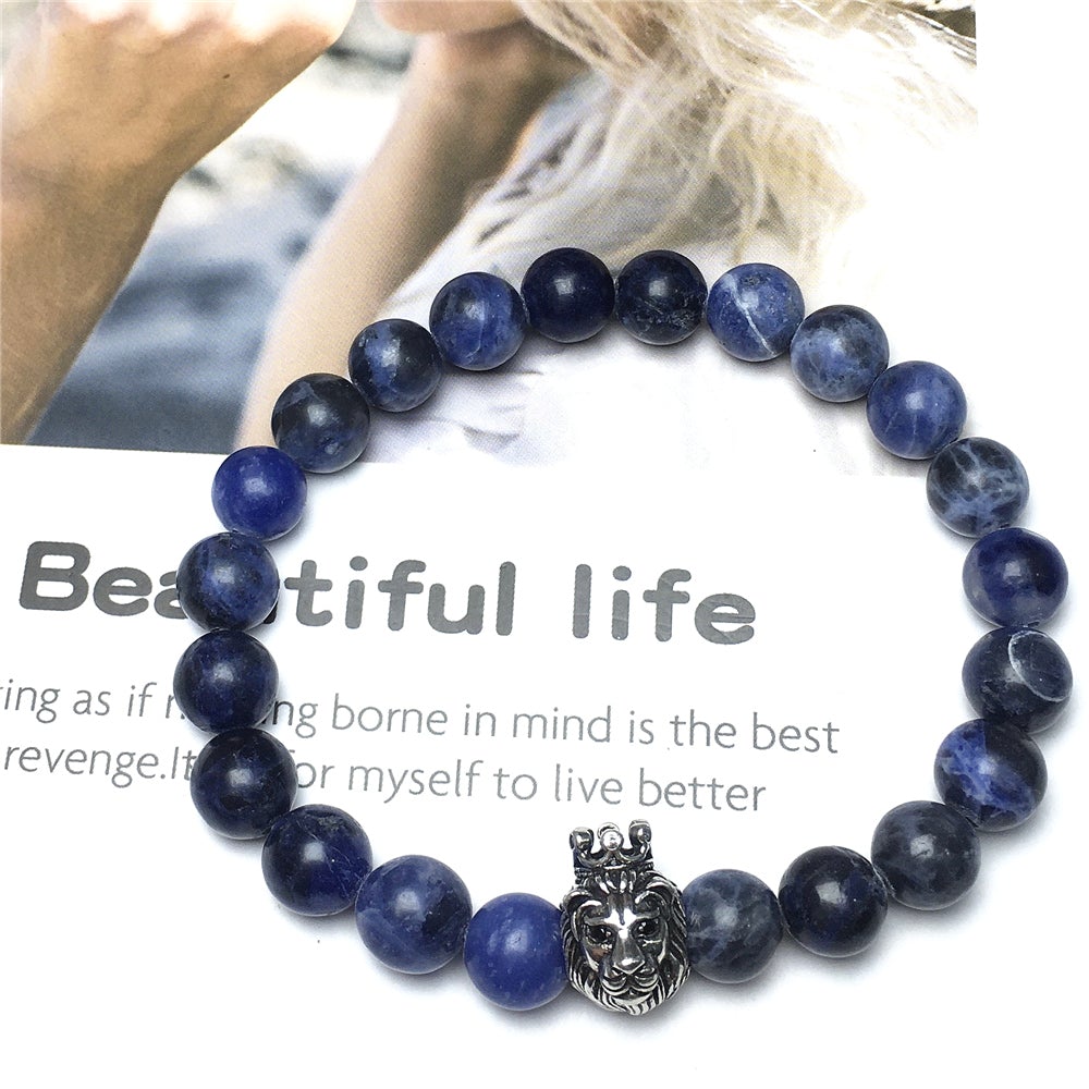 Natural Sodalite Gemstone Beaded Adjustable Bracelet Lion King Design