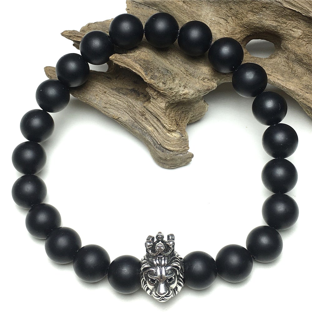Natural Matte Onyx Gemstone Bracelet Beaded Adjustable Bracelet Lion King Design