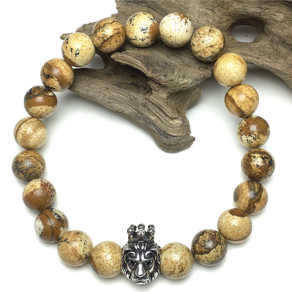 Natural Picture Jasper Gemstone Bracelet Beaded Adjustable Bracelet Lion King Design