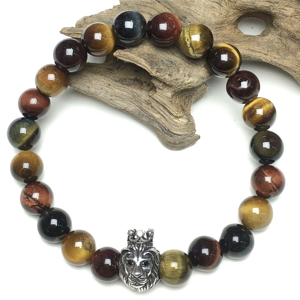Natural Colorful Tiger Eyes Gemstone Bracelet Beaded Adjustable Bracelet Lion King Design