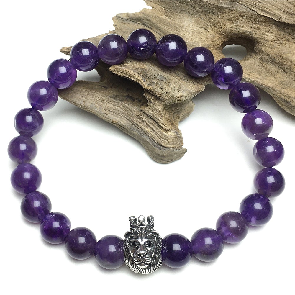Amethyst Gemstone Beaded Adjustable Bracelet Lion King Design