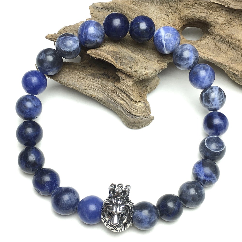 Natural Sodalite Gemstone Beaded Adjustable Bracelet Lion King Design