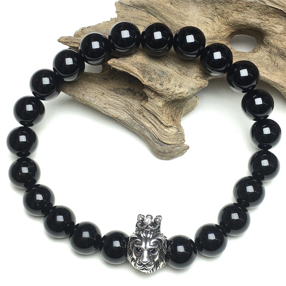 Natural Black Onyx Gemstone Bracelet Beaded Adjustable Bracelet Lion King Design