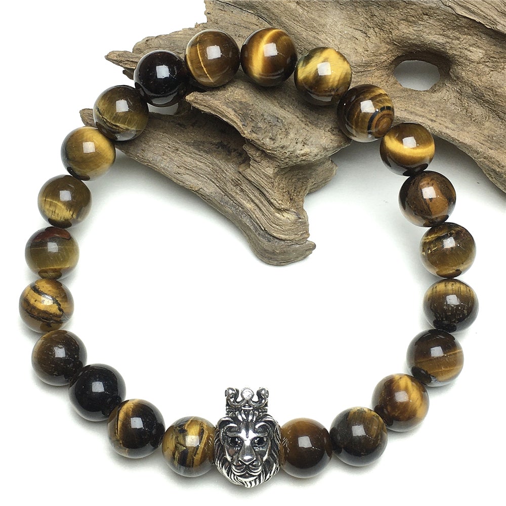 Lion King Design Tiger Eye Gemstone Beaded Adjustable Bracelet
