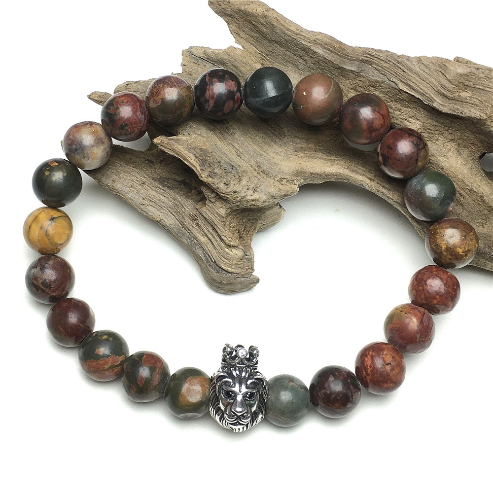 Natural Picasso Jasper Gemstone Bracelet Beaded Adjustable Bracelet Lion King Design