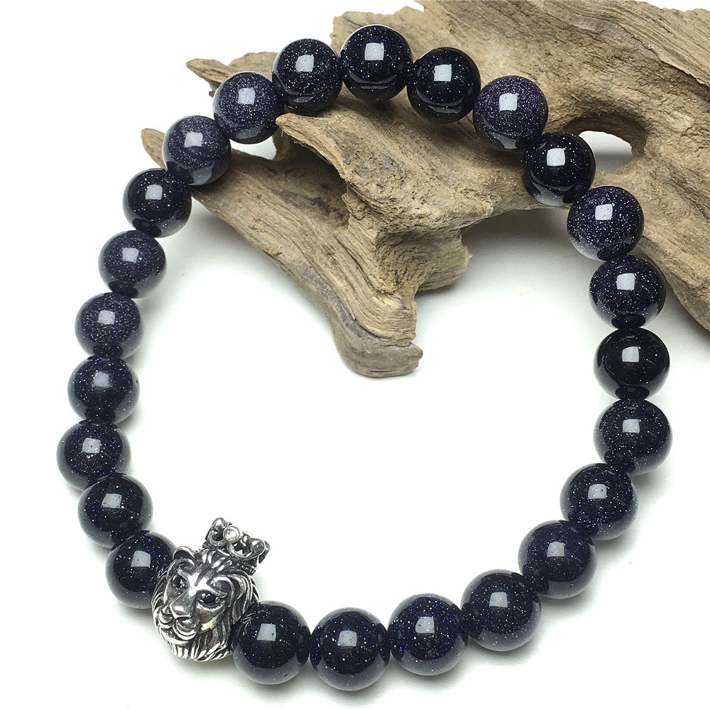 Natural Gemstone Blue Sandstone Beaded Adjustable Bracelet Lion King Design
