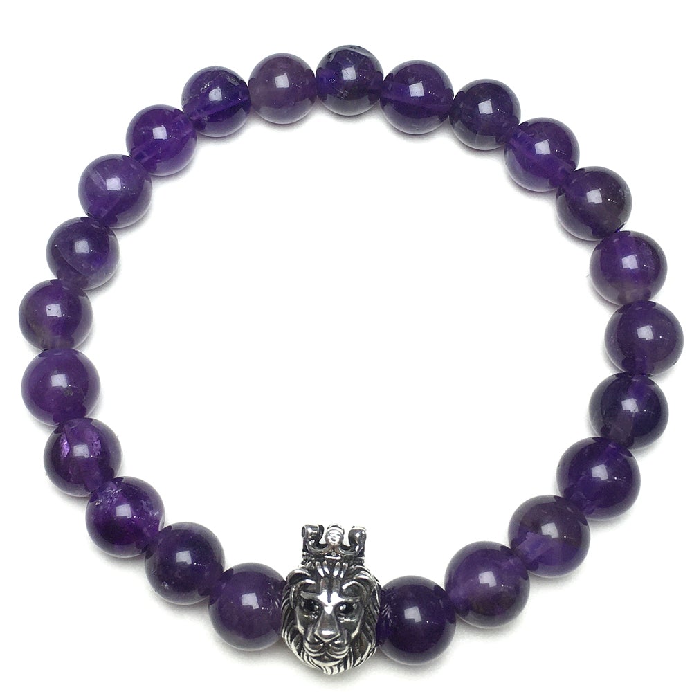 Amethyst Gemstone Beaded Adjustable Bracelet Lion King Design