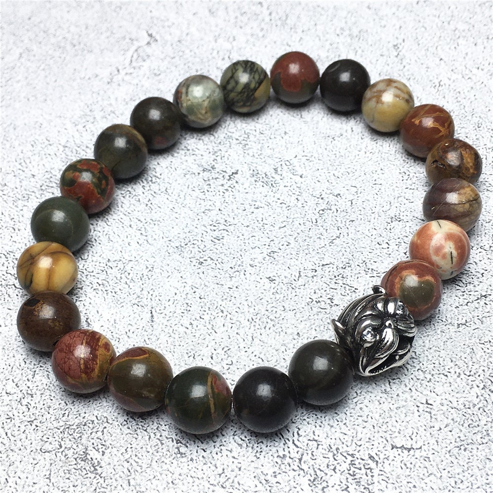 Natural Picasso Jasper Beaded Gemstone Bracelet American Bully Pitbull Charm Jewelry