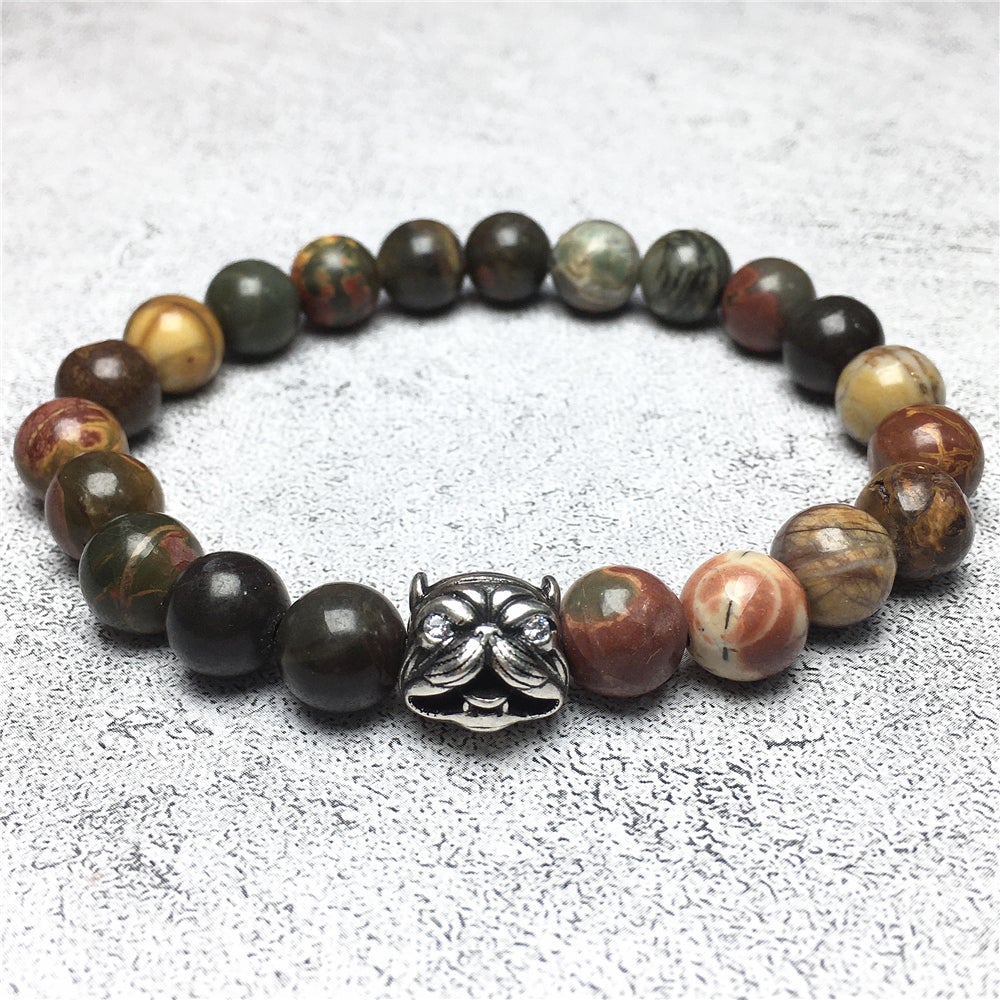 Natural Picasso Jasper Beaded Gemstone Bracelet American Bully Pitbull Charm Jewelry