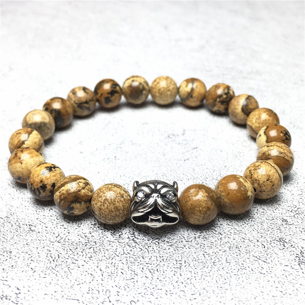 Natural Picture Jasper Stone Beaded Bracelet American Bully Pitbull Charm Jewelry