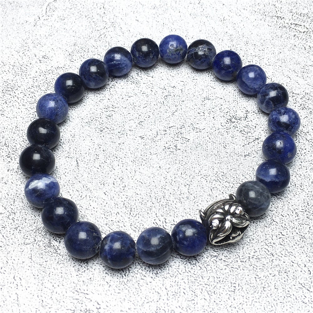 Natural Blue Sodalite Beaded Gemstone Bracelet American Bully Pitbull Charm Jewelry