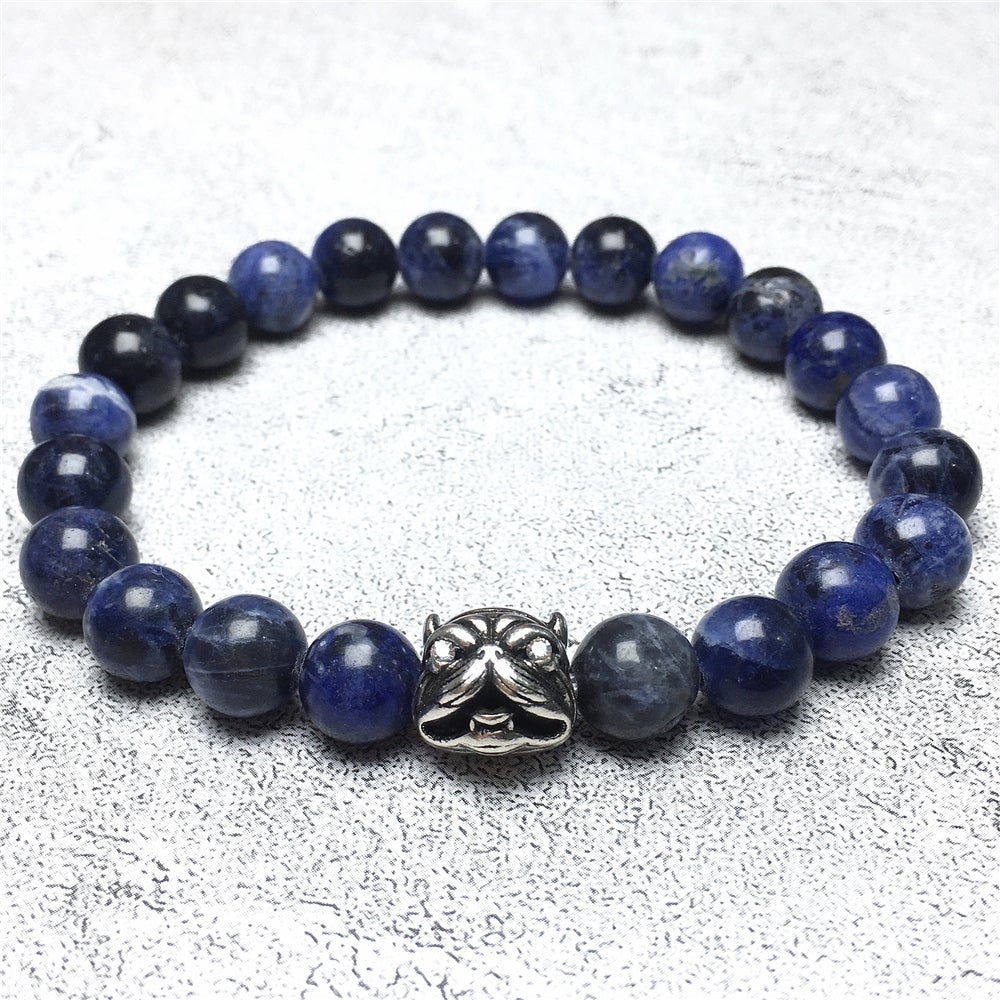 Natural Blue Sodalite Beaded Gemstone Bracelet American Bully Pitbull Charm Jewelry