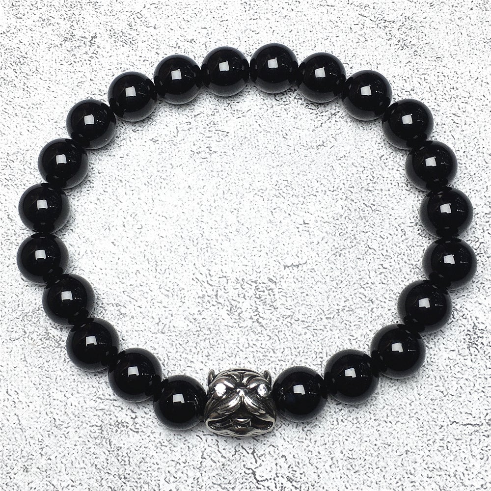 Natural Black Onyx Beaded Gemstone Bracelet American Bully Pitbull Charm Jewelry
