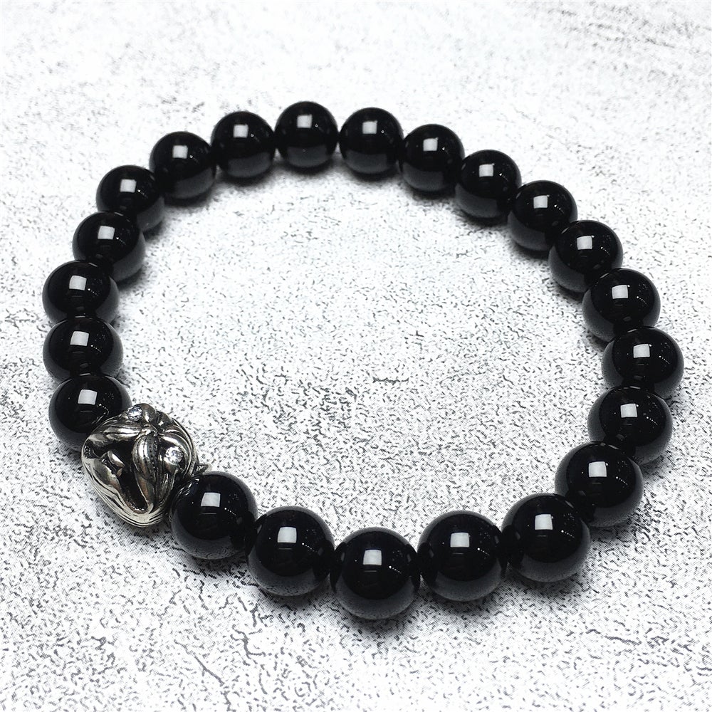 Natural Black Onyx Beaded Gemstone Bracelet American Bully Pitbull Charm Jewelry