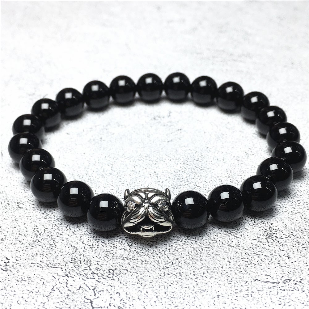 Natural Black Onyx Beaded Gemstone Bracelet American Bully Pitbull Charm Jewelry