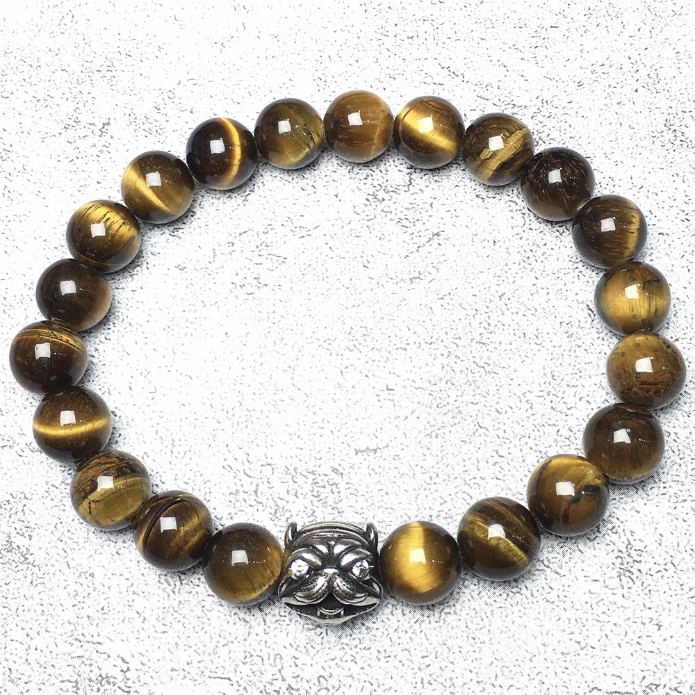 Natural Tiger Eyes Beaded Gemstone Bracelet American Bully Pitbull Charm Jewelry