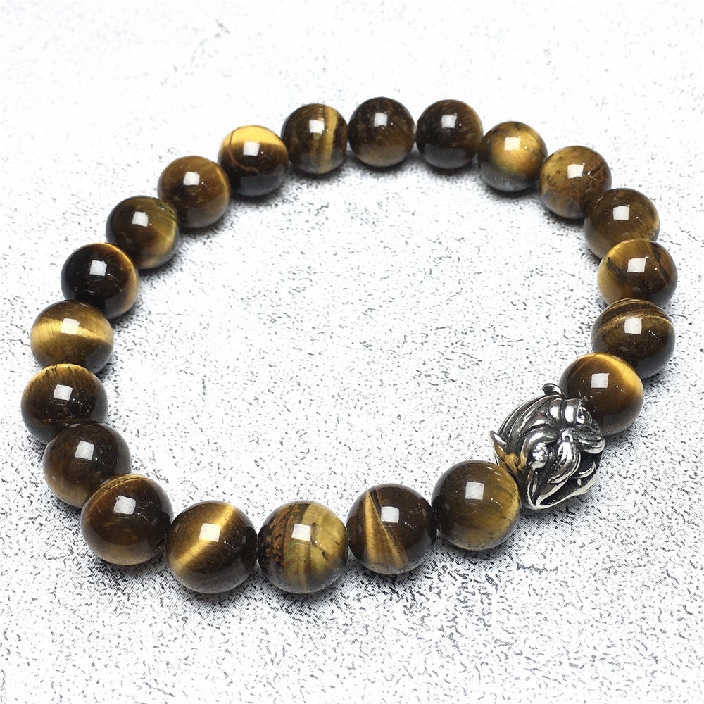 Natural Tiger Eyes Beaded Gemstone Bracelet American Bully Pitbull Charm Jewelry