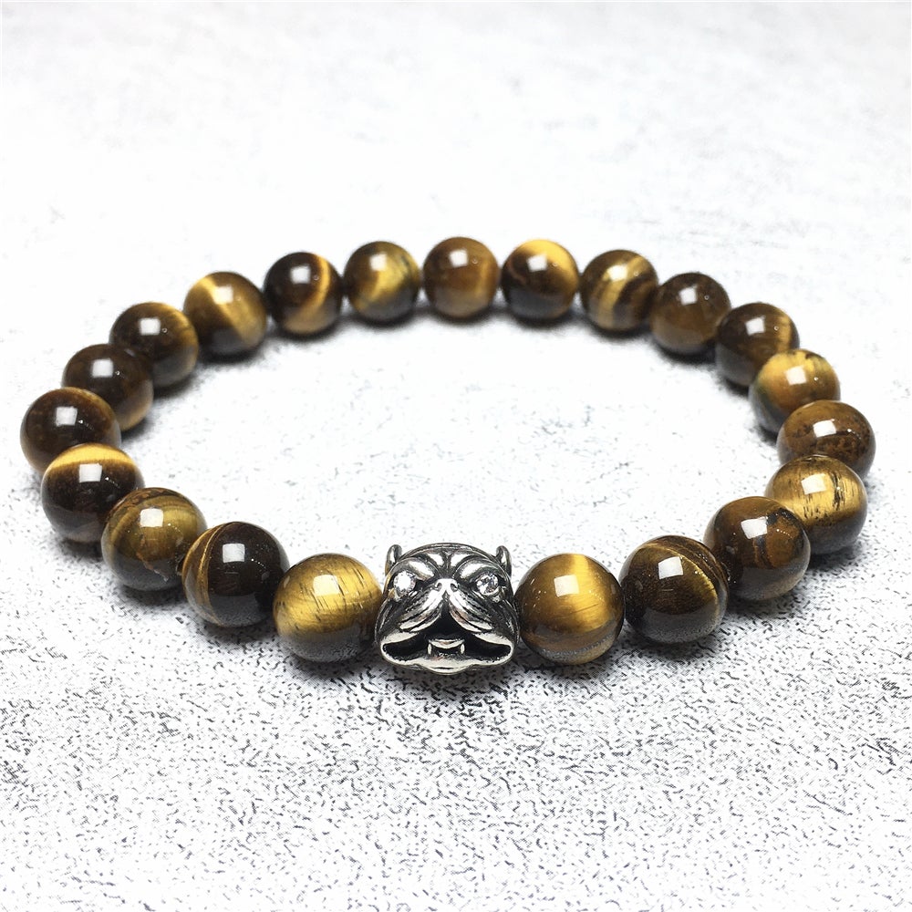 Natural Tiger Eyes Beaded Gemstone Bracelet American Bully Pitbull Charm Jewelry