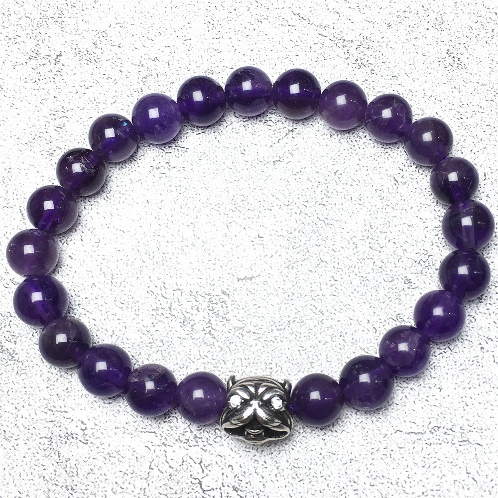 Natural Purple Amethyst Beaded Gemstone Bracelet American Bully Pitbull Charm Jewelry