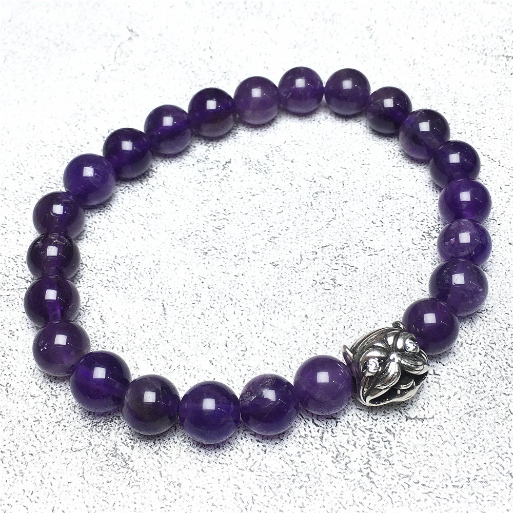 Natural Purple Amethyst Beaded Gemstone Bracelet American Bully Pitbull Charm Jewelry