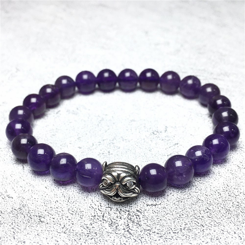 Natural Purple Amethyst Beaded Gemstone Bracelet American Bully Pitbull Charm Jewelry