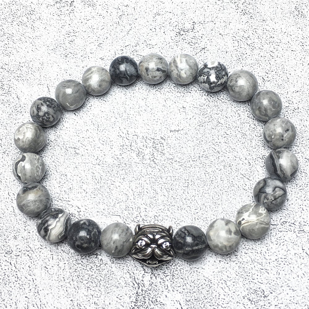 Natural Map Stone Beaded Gemstone Bracelet American Bully Pitbull Charm Jewelry